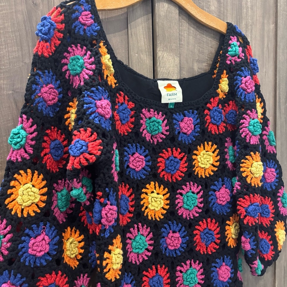 Farm Rio Black Flower Crochet Dress large - Picture 5 of 11
